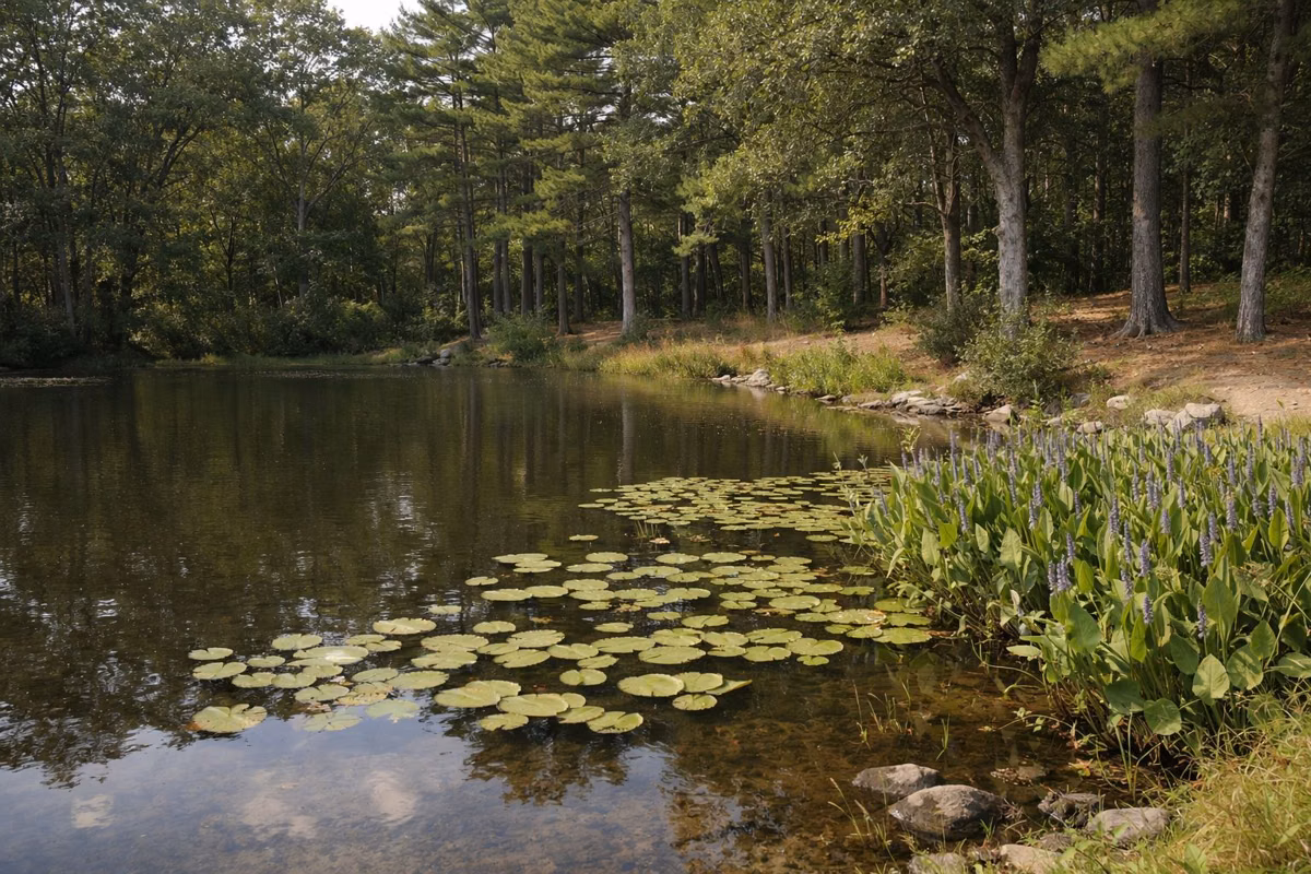 A shallow pond with lily pads and pickerelweed below oaks and white pines