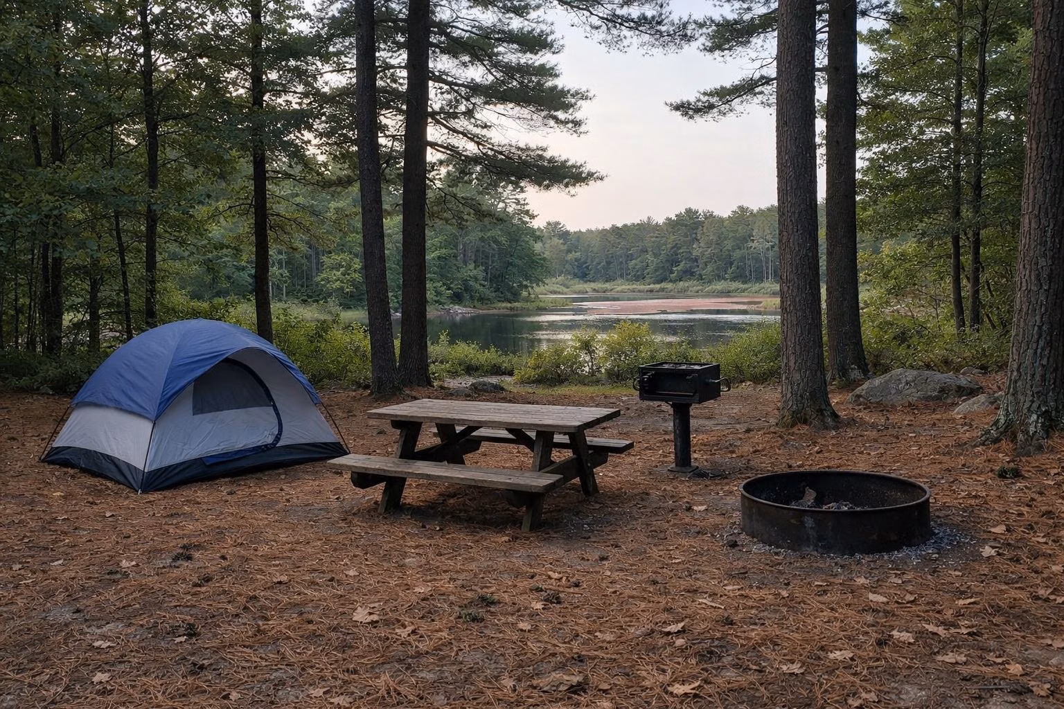 A wooded campsite under tall pines with a dome tent, picnic table, pedestal grill and fire ring