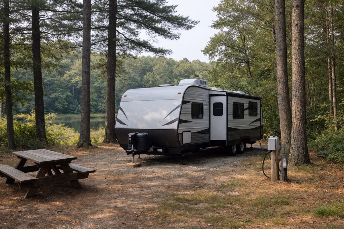 A travel trailer on a wooded campsite with a picnic table and electric hookup post under pines