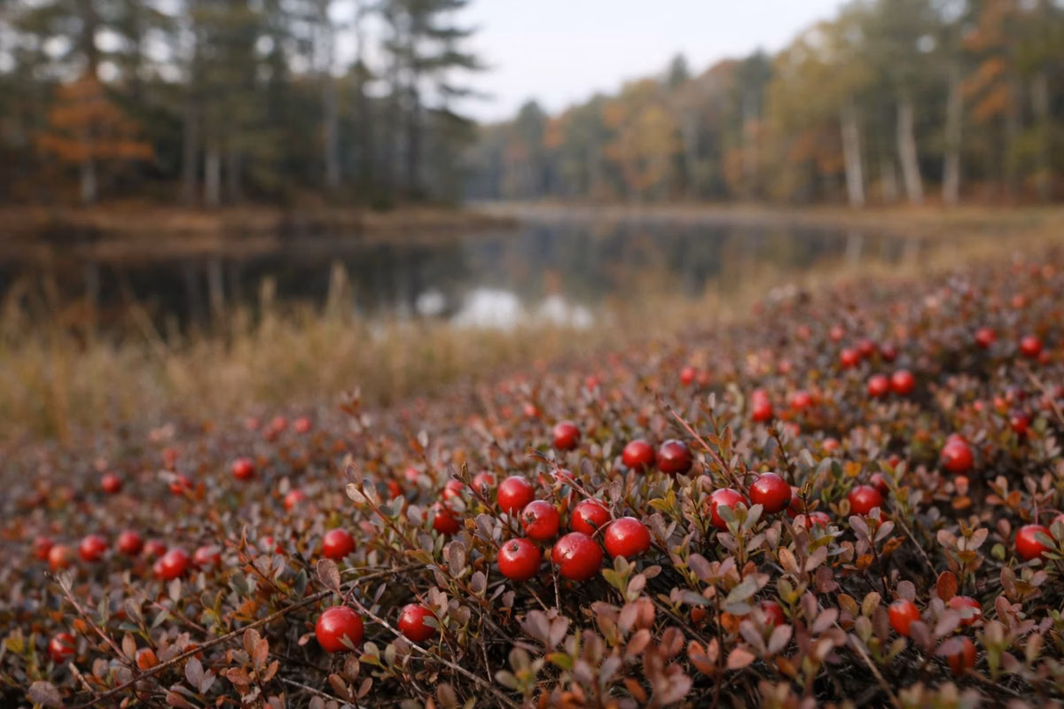 Close view of low cranberry vines with red berries beside a pond in fall
