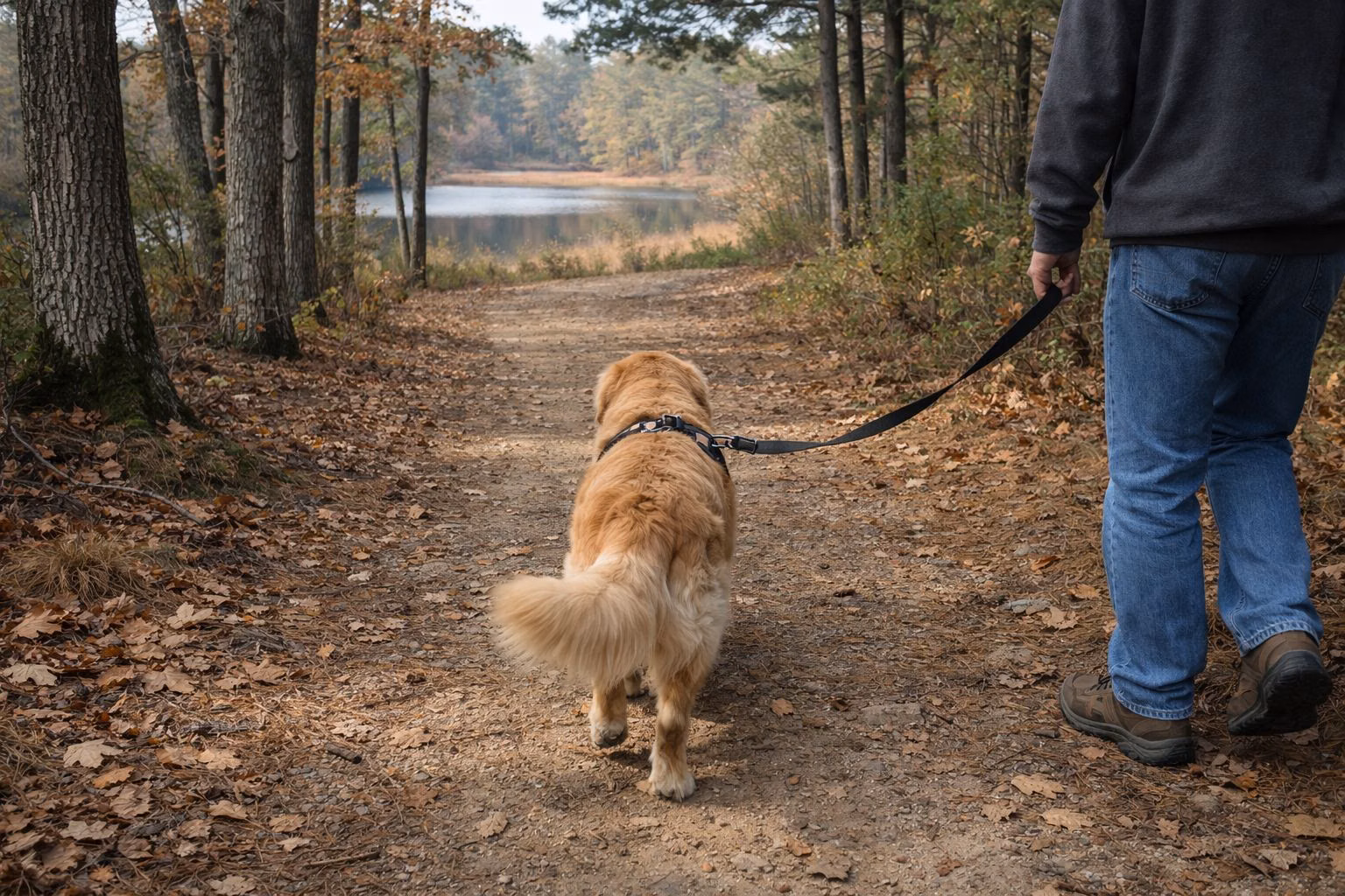 A leashed golden retriever walking a wooded dirt trail under oaks and pines