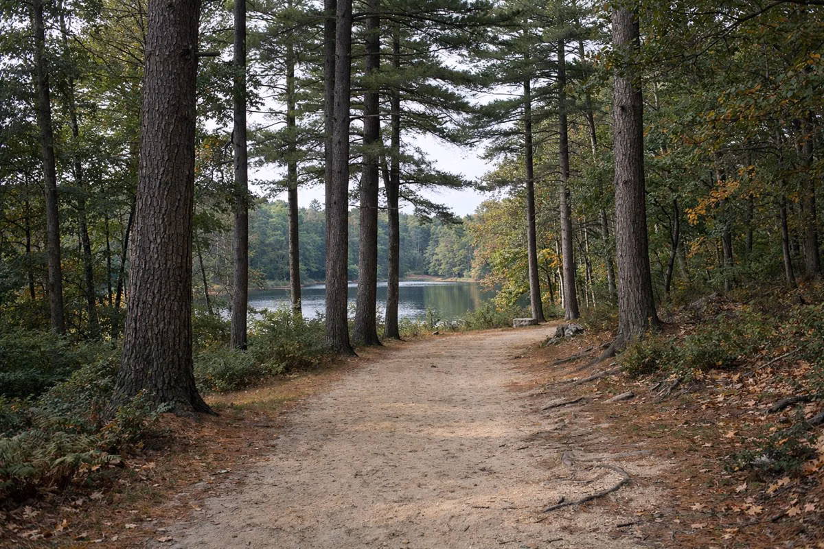A sandy trail through tall white pines with a pond between the trunks