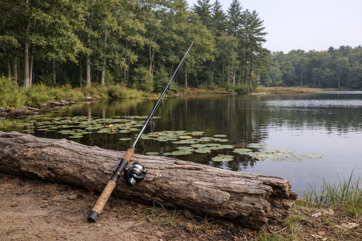 A fishing rod leaning on a fallen log on a pond shore beside lily pads