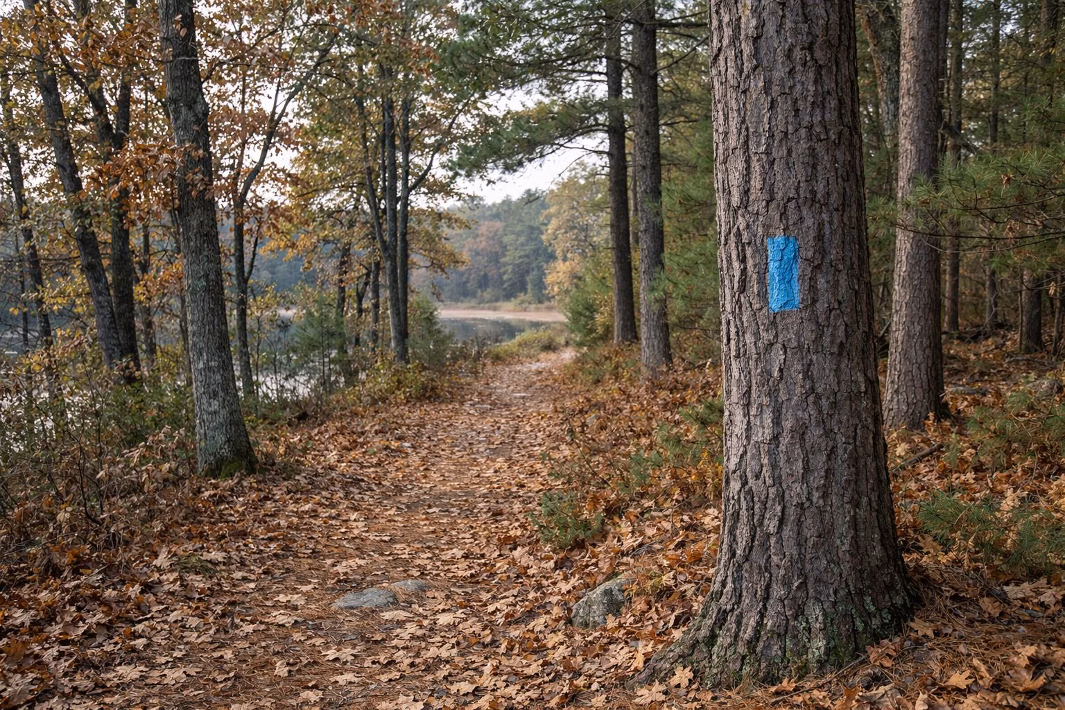 A narrow forest trail through oaks and pines with a blue paint blaze on a tree trunk