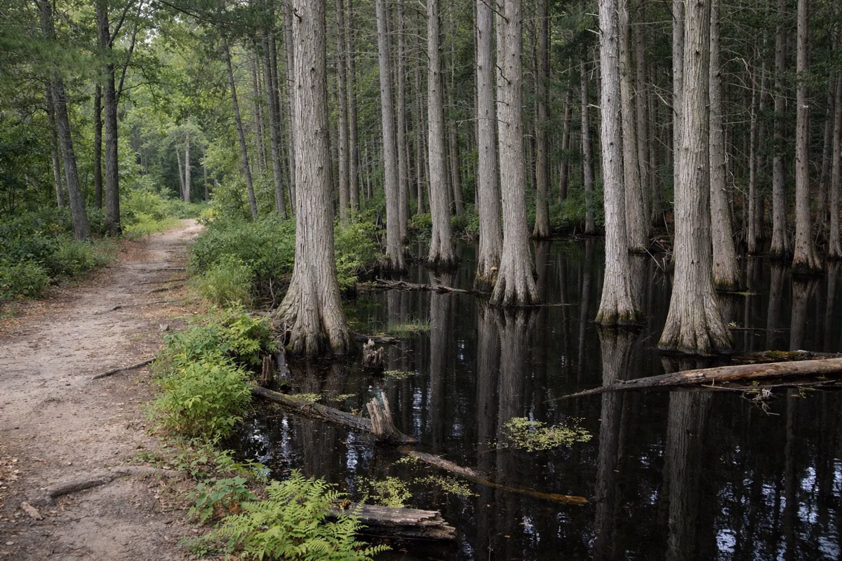 Tall trees standing in dark swamp water beside a forest footpath