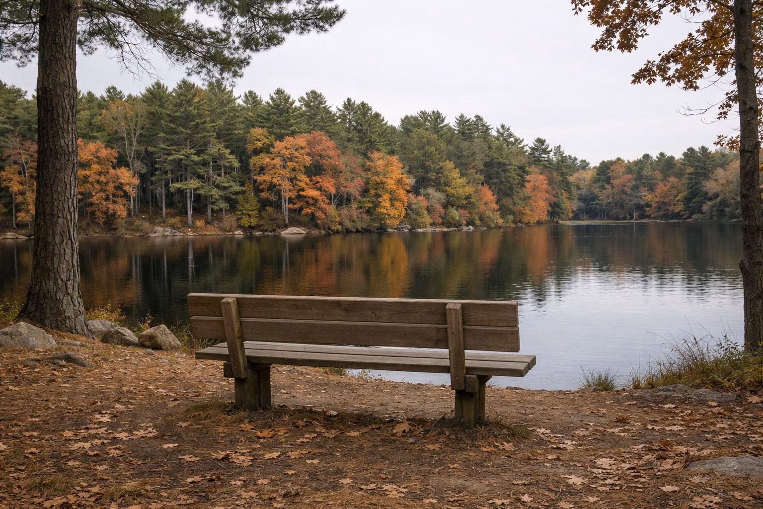 A wooden bench on the wooded shore of a calm lake in autumn