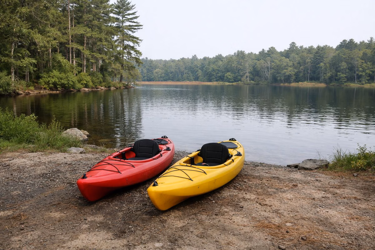 Two kayaks on a small dirt launch at the edge of a wooded lake
