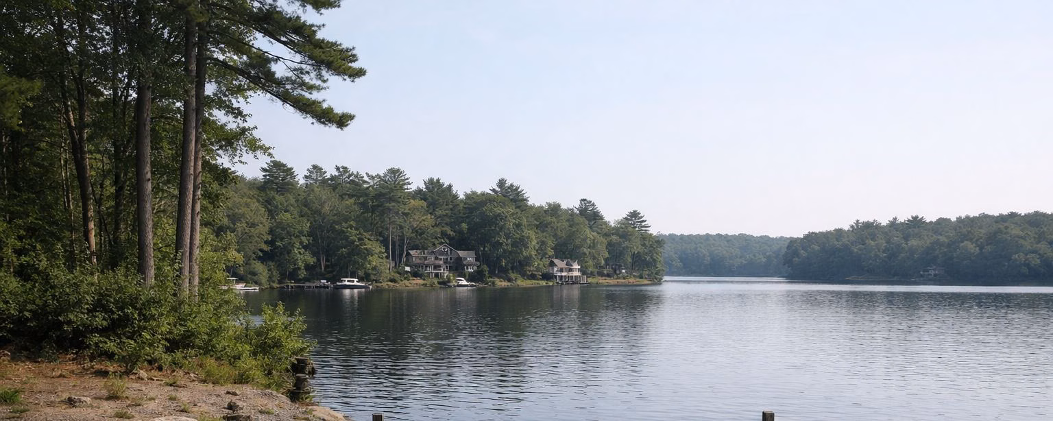 A large lake with houses among the trees on the far shore