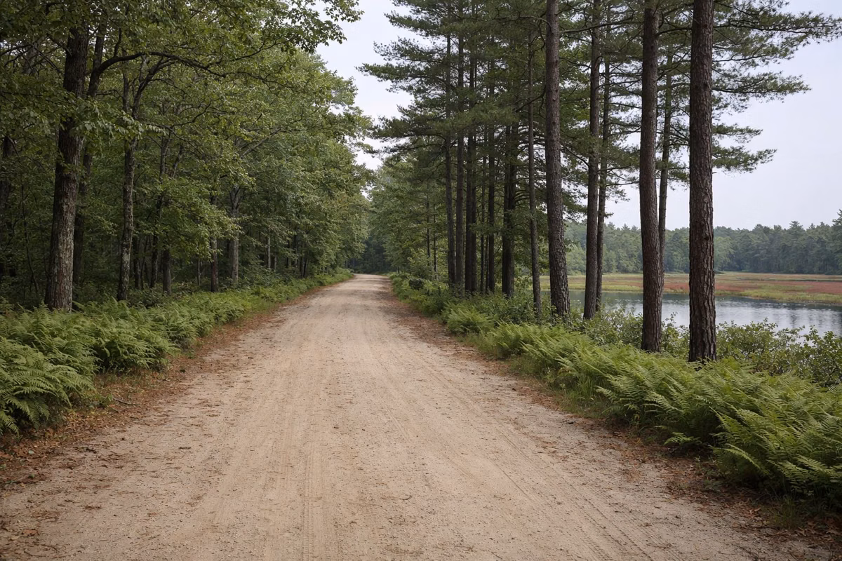 A wide sandy forest road through oak and pine woods with ferns