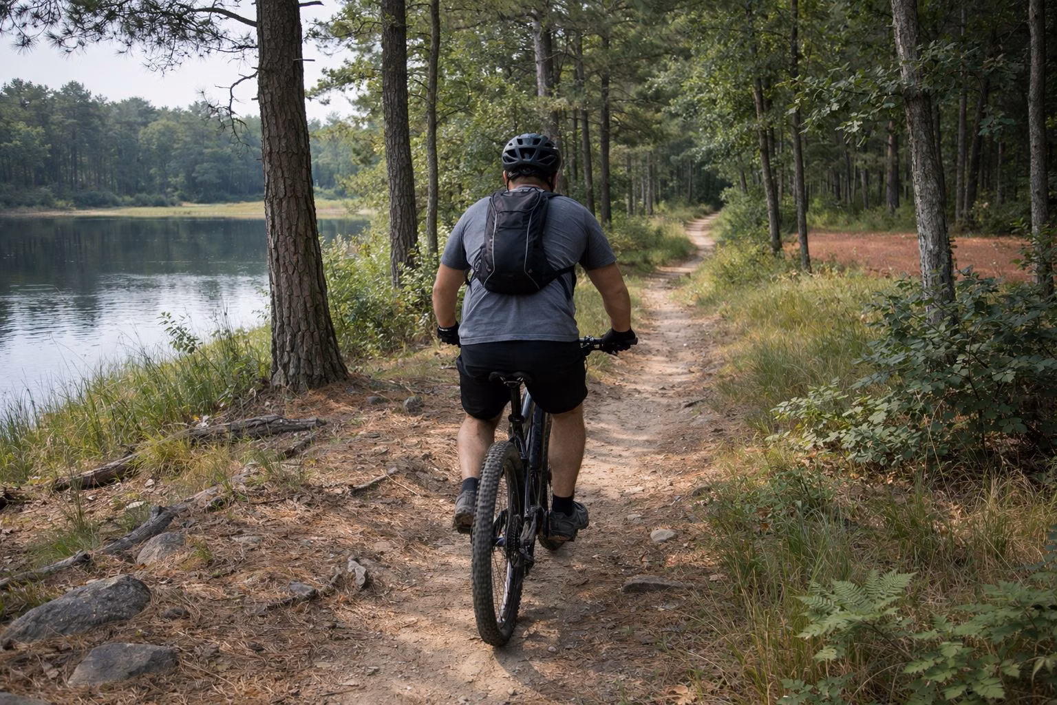 A mountain biker in a helmet seen from behind on a dirt singletrack through pine woods beside a pond
