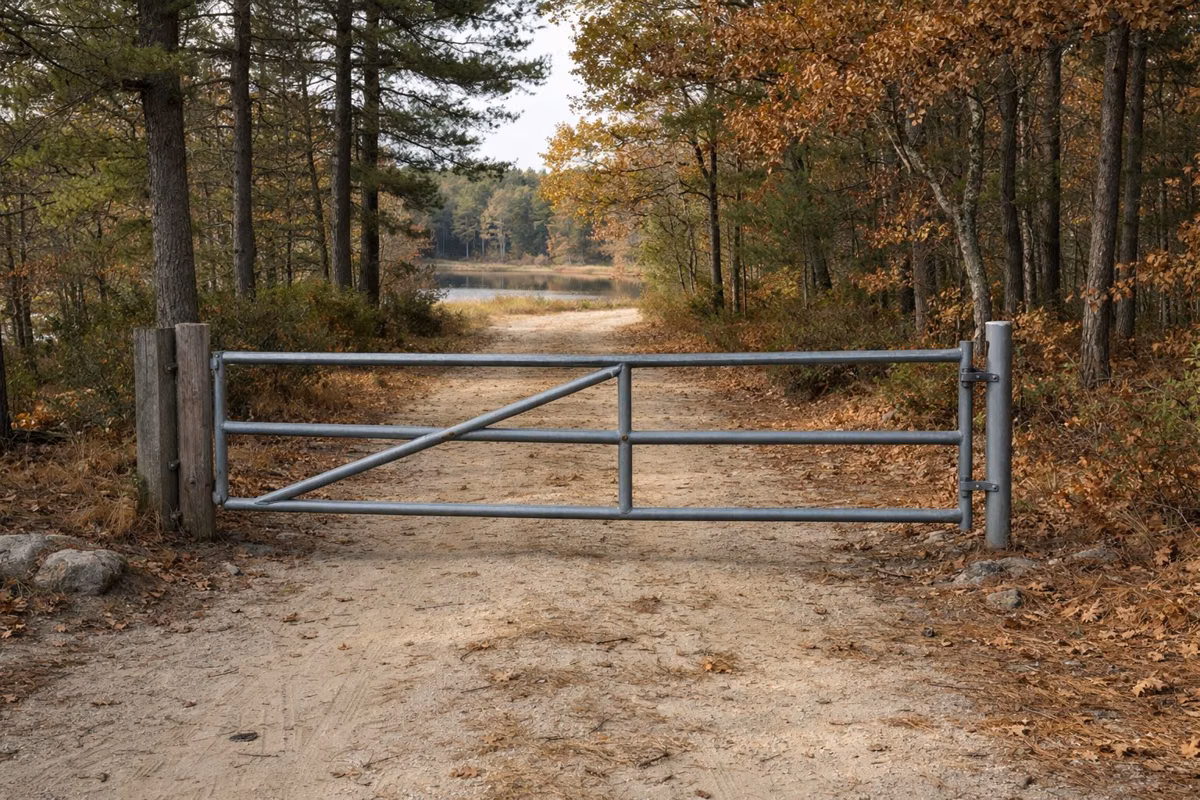 A plain metal gate across a sandy forest road in oak and pine woods
