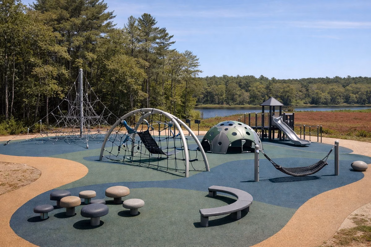 A modern accessible playground with rubber surfacing, rope climbers and a dome in full sun, woods behind