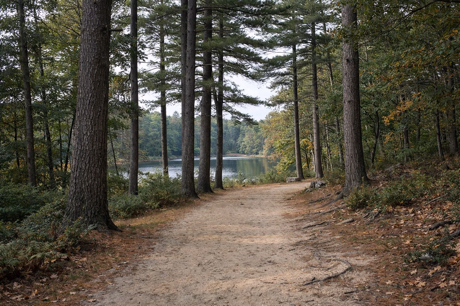 A sandy trail through tall white pines with a pond between the trunks