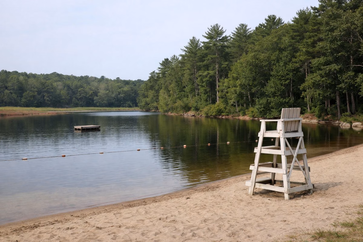 A sandy beach on a wooded freshwater pond with a lifeguard chair and swim line