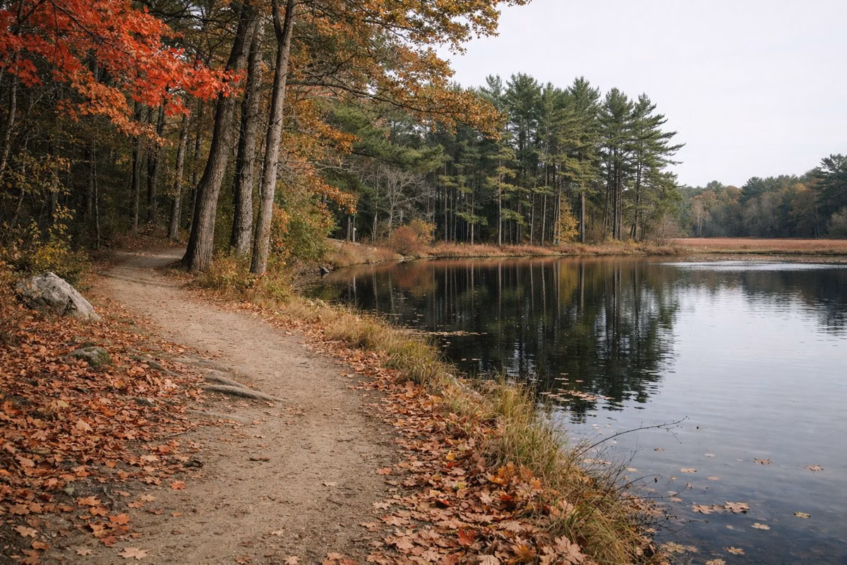 A footpath along the edge of a woodland pond in autumn